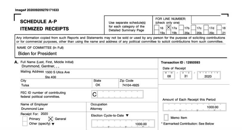 FEC Schedule A-P itemized receipt: Drummond, Gentner — Biden for President — $1,000 — 08/31/2020