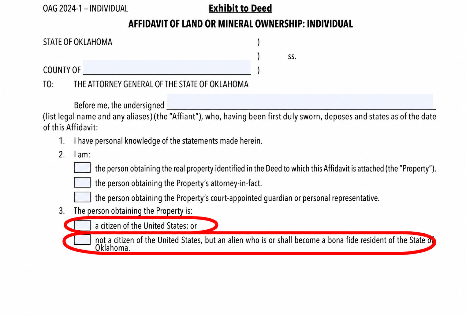 OAG 2024-1 Affidavit of Land or Mineral Ownership — Individual, showing language allowing noncitizens who 'shall become' a bona fide resident to purchase property