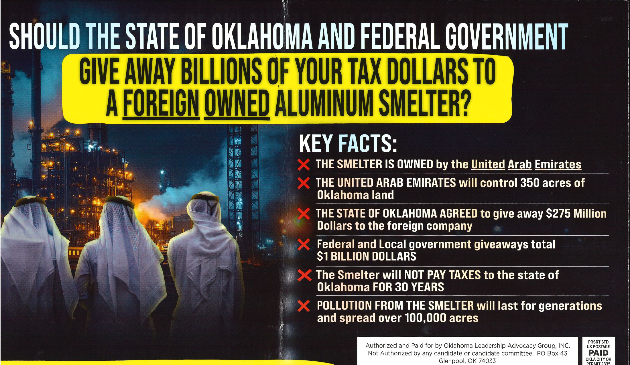 The anonymous mailer claiming Oklahoma gave away billions of tax dollars to a foreign-owned aluminum smelter