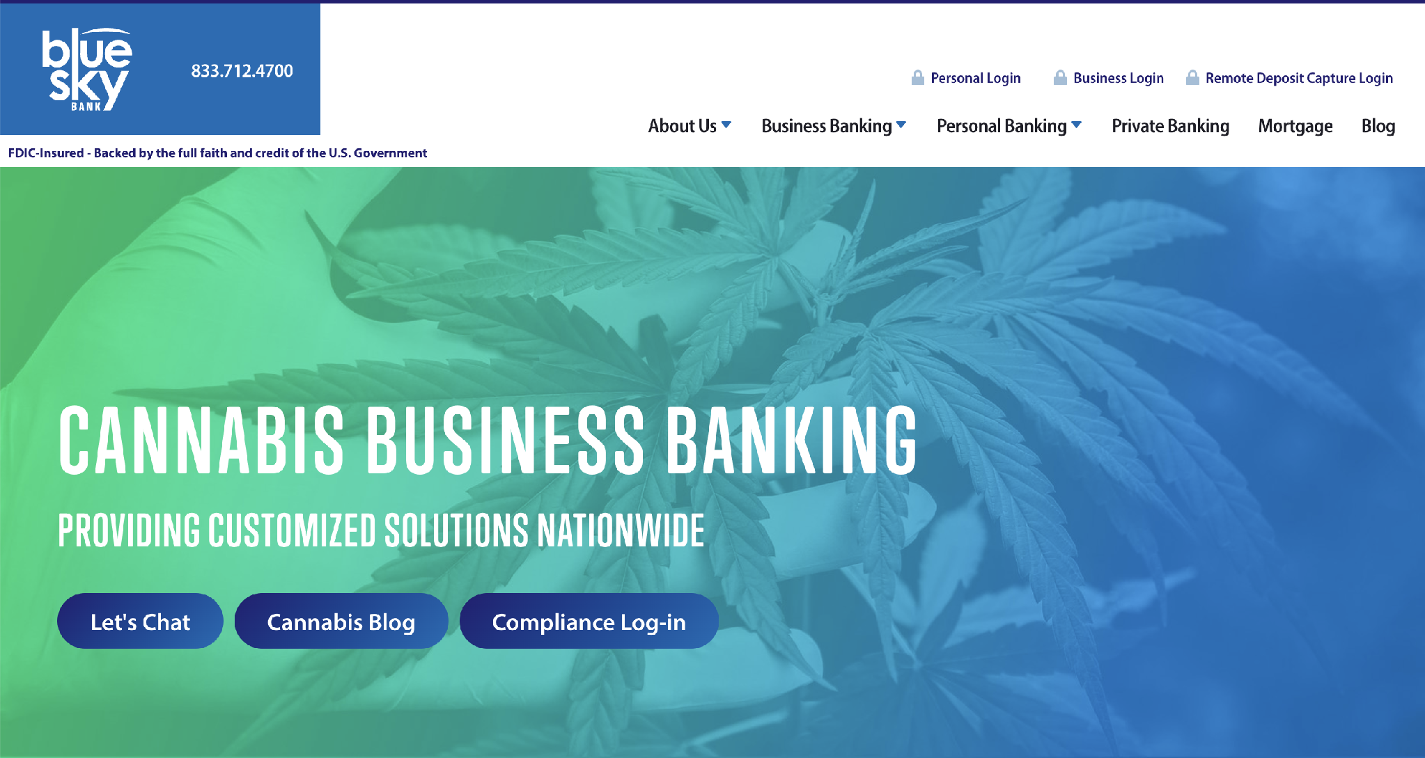 Blue Sky Bank website: Cannabis Business Banking — providing customized solutions nationwide