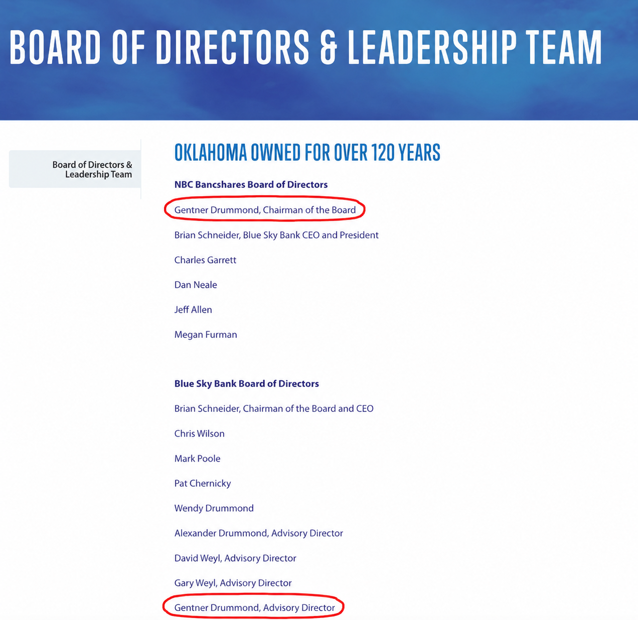 Blue Sky Bank Board of Directors and Leadership Team showing Gentner Drummond as Chairman of the Board and Advisory Director